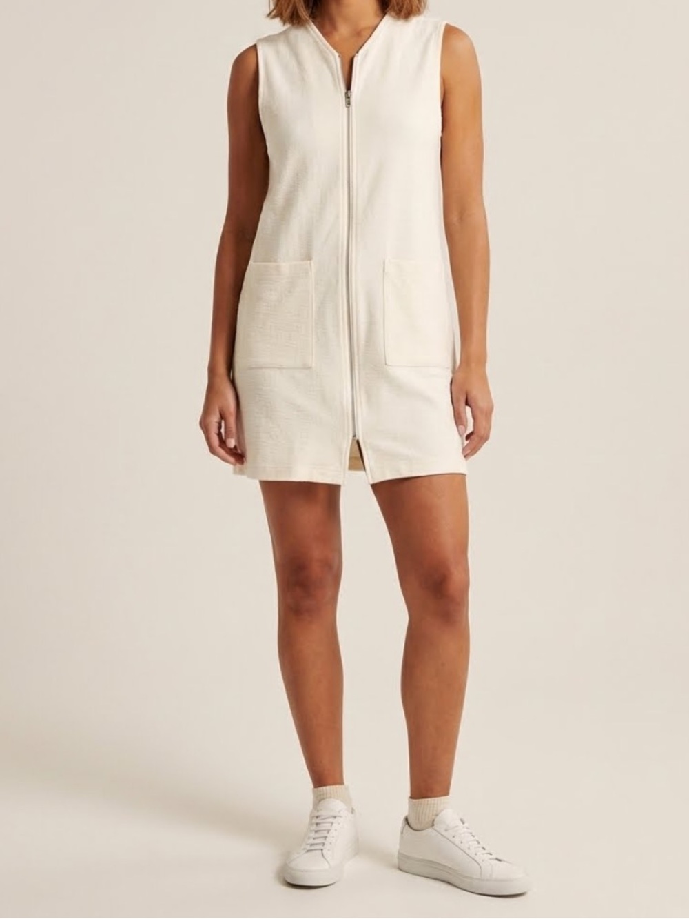DOTTI Ivory Cotton 70’s Mod Style Jumper Mini Dress Full Zip Sleeveless Small